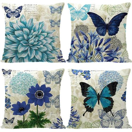 Hyrdestasjon trykt linputetrekk, amerikansk blå blomster- og sommerfuglsofa putetrekk, 45×45cm