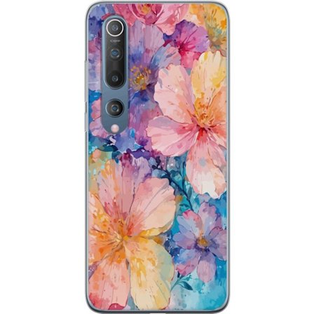 Kompatibelt Mobildeksel til Xiaomi Xiaomi Mi 10 5G Akvarellmaling med store blomster i rosa, blå og gule toner i en myk kunstnerisk stil.