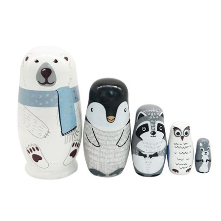 5 stk. Polar Bear Russiske Matrjosjkadukker i Tre, Borddekorasjonsgave