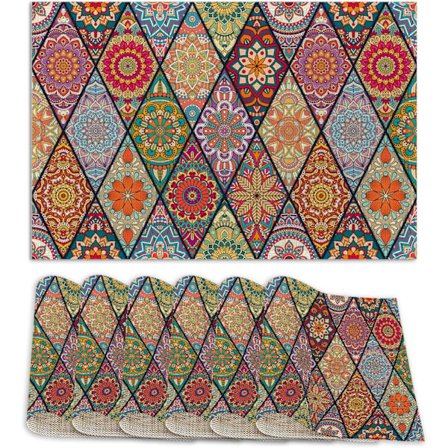 Set med 6 tvättbara, färgglada bohemiska bordstabletter, halkfria, värmebeständiga, 30x45 cm tjocka dekorativa bordsunderlägg i linne för matbord, 