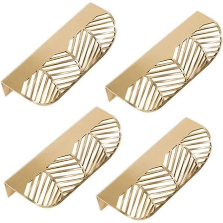 Gullfargede skapshåndtak formet som blader, 4 stk, messing møbelhåndtak