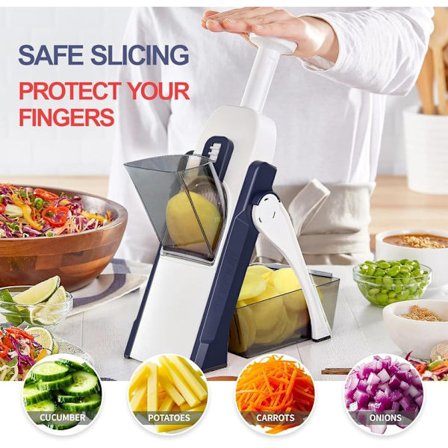 Denna säkra, multifunktionella manuella grönsaksskärare för kök har blad i rostfritt stål och kan skiva, tärna och skära grönsaker.