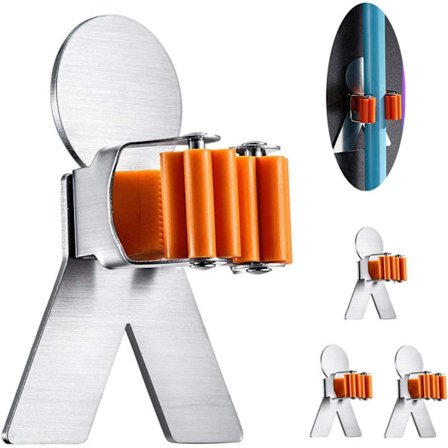 Monitoiminen seinälle kiinnitettävä luuta- ja moppiteline, itseliimautuva moppiteline