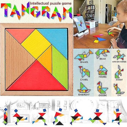 7-delt puslespil i træ, firkantet puslespil, tangram-puslespil, IQ-udviklingsspil, hjernevrider, intelligente blokke, pædagogisk legetøj, god gave til