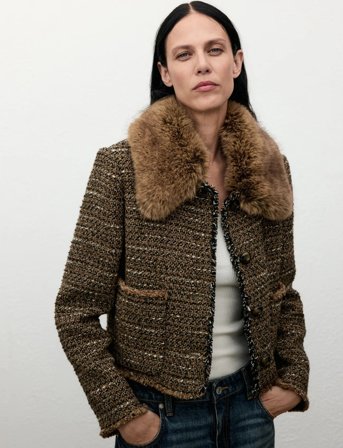 Mango Tweed Jacket With Fur Collar - Brown - S