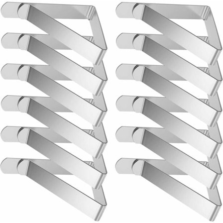 Tablecloth Clips, 12 Pcs Large 8 x 7 cm Stainless Steel Table Cloth Clips for Parties, Outdoor Tables, for Table Thickness 2.5 to 6.5 cm, Silver