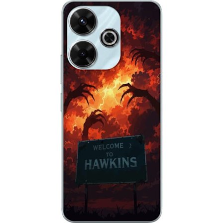 Kompatibelt Mobildeksel til Xiaomi Redmi 13 Mørk apokalyptisk fantasi-scene med brennende himmel og Hawkins-skilt i Stranger Things-stil