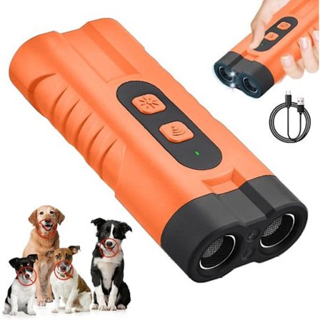 Anti-bjeff-enhet for hund - ultralyd hunderepellent - oppladbar, justerbar til 3 frekvenser, LED-lommelykt - oransje - dobbelthodet - ett stykke