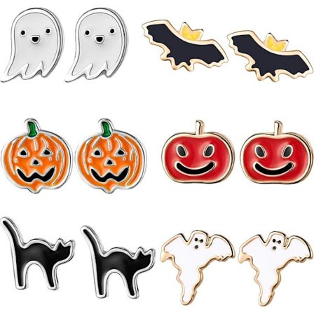 6 par Halloween-øreringe, sæt med græskar, sorte katte, flagermus og spøgelser til Halloween_tfrf