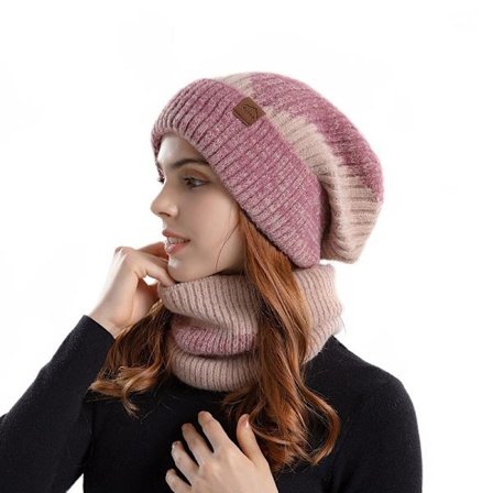 Vinter tofarget lue dame fortykket varm ørebeskyttelse ullue pluss fløyel skjerf todelt strikket lue