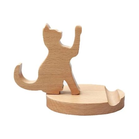 Sød kat telefonholder, træ skrivebordsholder, egnet til alle mobiltelefoner, dyreholder, skrivebordsdekoration