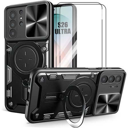 Cover + 2 Tempererede Glas til Samsung Galaxy S26 Ultra, Hård med Ring og Kamera Dæksel - Sort