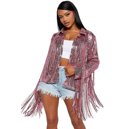 Dame Sequin Langærmet Jakke, Kvaster Frynser Cardigan Frakke