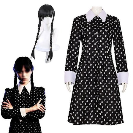 Pige Wednesday Addams Kostume til Børn og Voksne med Paryk og Ærmer