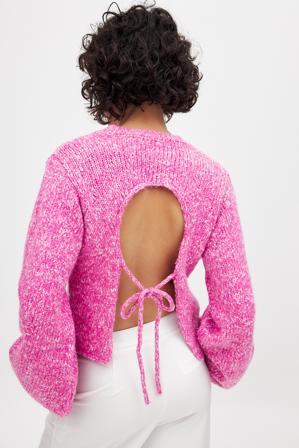 NA-KD Knitted Open Back Balloon Sleeve Sweater - Cut Out Sweaters - Rosa - XS (EU 32)