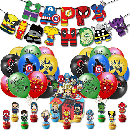 Superheltefestartikler, dekorationer, Spider-man, Iron Man, Captain America, balloner, banner, cupcake toppers, gaver