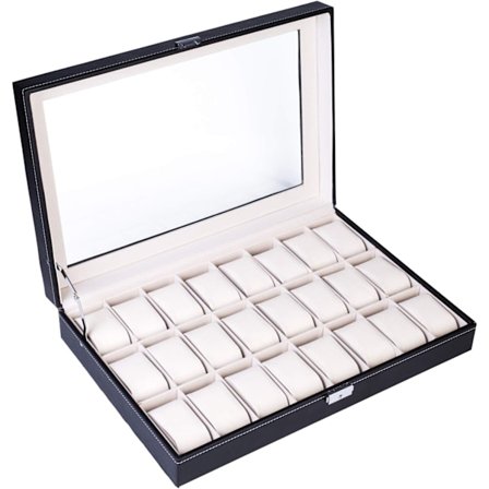 Urkasse til 24 ure i PU læder - sort med hvide syninger Sort