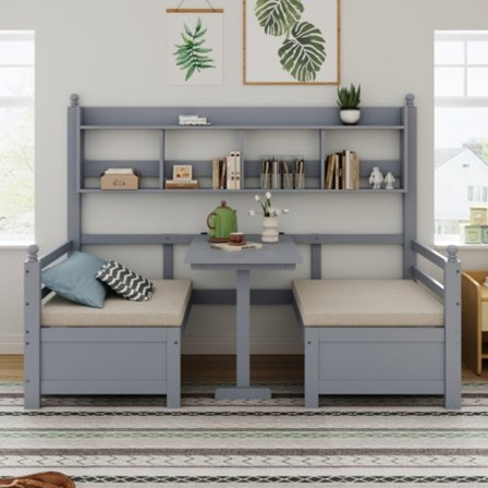 Multifunktionell bäddsoffa 200×90 cm | massivt trä | 2-i-1 säng & skrivbord | grå