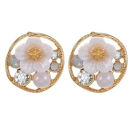 Guld Stud Örhängen - Vita Blommor samt Rhinestones & Pärlor