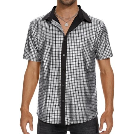 Herr 70-tals 80-tals Glittriga Paljett Skjortor Metallisk Party Kostym Kortärmad Knäppskjorta Rolig Nattklubbs T-shirt Grå