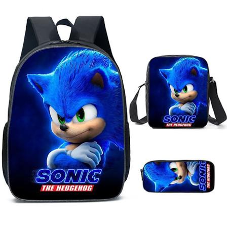 SONIC Ryggsäck Sonic Grundskole Ryggsäck 3-delad Set Cartoon Cartoon Ryggsäck Axelväska Pennfodral J Style-WELLNGS Style J three-piece