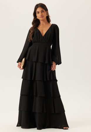 Goddiva - Long Sleeve Tiered Maxi Dress - Black - Kläder - - Bubbleroom