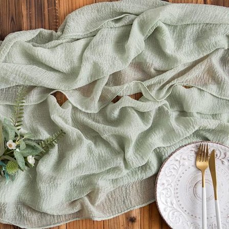 Grön Eukalyptus Muslin Bordslöpare - 300 x 80 cm - Rustik Glesväv - Tvättbar