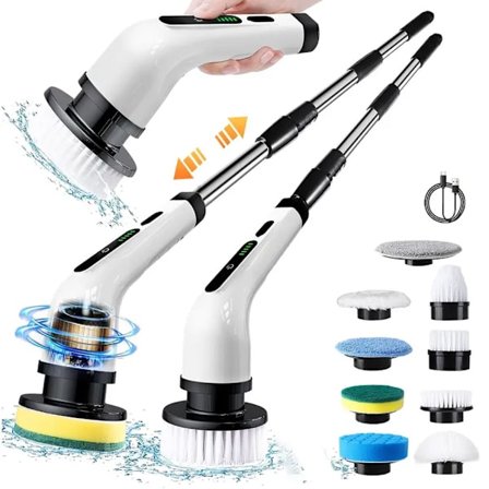 Elektrisk roterende skrubber, oppladbar rengjøringsbørste, dusjskrubber med 9 børstehoder, for badekarfliser, gulv og bil