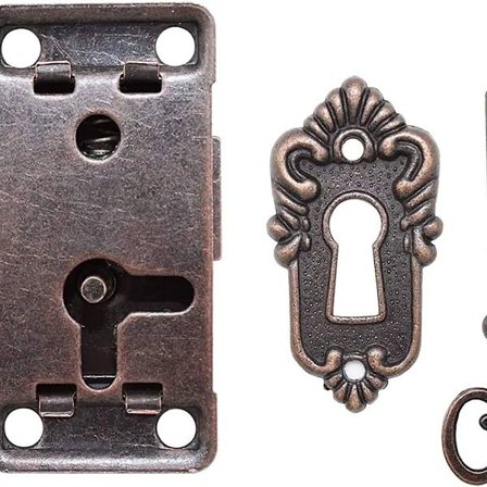 Antikk skapdørlås, Antikk låsesett - Dekorativ lås med nøkler og nøkler