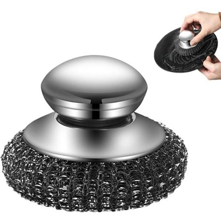 Oppvaskbørste med stålkule, oppvaskbørste i rustfritt stål med håndtak, for rengjøring av oppvask, jerngryter, komfyrer og vasker (1 stk)