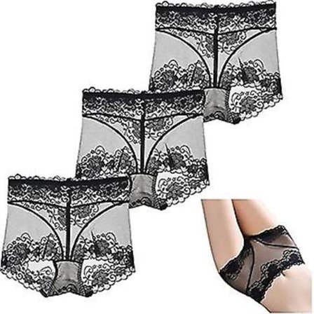 3 st Mesh Genomskinliga Tummy Tucking Höftlyft Trosor, damunderkläder Sexiga Spets Högmidjade Trosor Briefs (XL Svart)