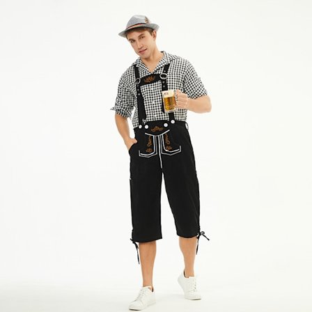 München Oktoberfest Tøj Herre Ternet Skjorte Overall Kostume Sceneoptrædenstøj Sorte bukser+sort top+grå hat{FY}