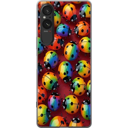 Kompatibel Mobilcover til Sony Xperia 5 V Mønster med mange farverige mariehøns i regnbuefarver tæt sammen på en mørk baggrund med en legende og livli