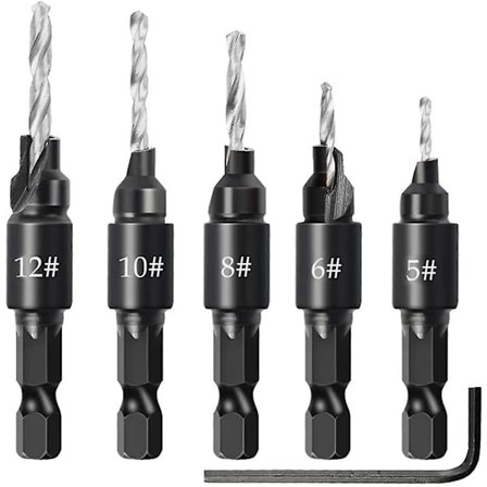 5-delt sett med senkeskruer med sekskant skaft, HSS titanbelagt hullåpner for tre