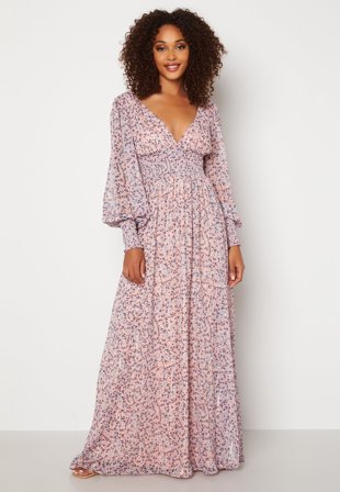 Goddiva - Ditsy Long Sleeve Shirred Maxi Dress - Pink