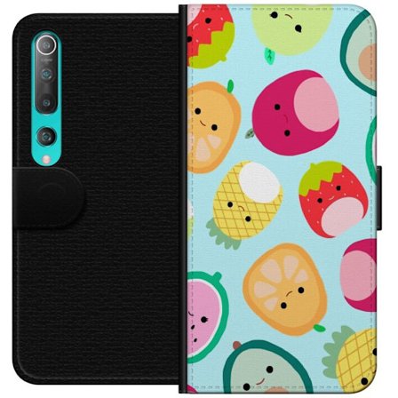 Kompatibel Tegnebogsetui til Xiaomi Mi 10 5G Mønster af kawaii frugter som jordbær citron ananas og avocado på lyseblå baggrund