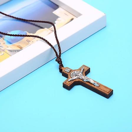 Retro Jesus Cross Halsband Trä Metall Hänge Smycken Charm Halsband Present [GGL] Brown 1PC