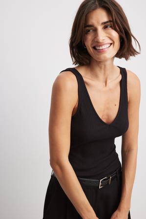 NA-KD Basic Haut côtelé bio col en V - Débardeurs - Noir - X-Small
