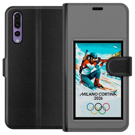Kompatibelt Lommeboketui til Huawei P20 Pro Retroplakat Cortina Milano 2026 med fjell, vintersportsutøvere, italienske trikolor, Milano-katedralen og