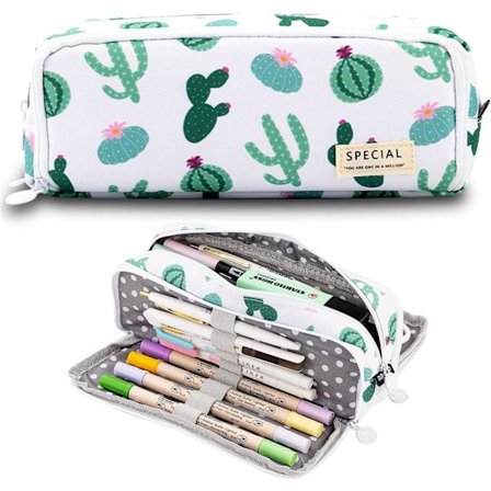 1 stk. Penalhus Stort Penalhus Stor Kapacitet Penpose med 3 Rum Skoleartikler Kontoropbevaring Makeup Taske Kaktusmønster