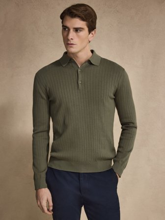 John Henric Men's Grøn Bomulds Ribstrikket Polosweater Size S