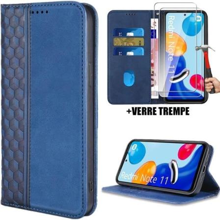 Etui + 2 hærdede briller til Xiaomi Redmi Note 11- 11S, stødsikker beskyttelse Marineblå syntetisk læder luksus mosaikmønster