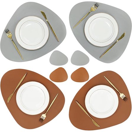 Sæt med 4 læderpladeunderlag og -brikker, vandtæt vaskbar skridsikker bordmåtte til indendørs køkken spisebord (brun/grå)