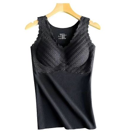 Naisten lämmin alusasu liivi, hihaton pitsitoppi, jossa on rintaliivit naisille - Musta