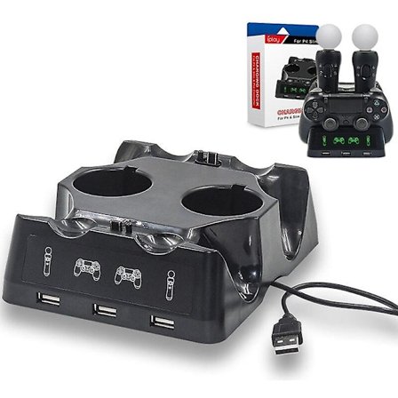 4-in-1 USB-latausasema LED-valolla, kaksoislaturiasema PlayStationille, PS4 Move -ohjaimille ja PS4 VR -ohjainten telineelle
