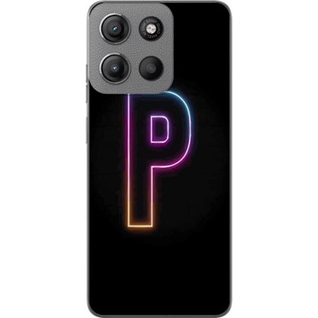 Kompatibel Mobilcover til Motorola Motorola Moto G15 Minimalistisk neonbogstav P i farvegradient og lyseffekt mod sort baggrund i digital neonstil
