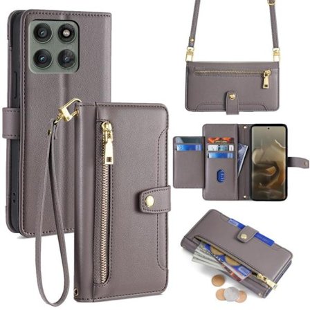 Motorola Edge 60 Pro 5G Skal i Läder med Fodral och Korsbärande Dragkedja i Fårskinnstextur