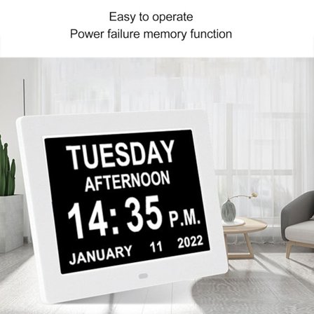 8 tommers digital dagklokke Stor LCD-skjerm 8 alarmalternativer Lysstyrke Justerbar Digital kalenderalarmklokke 100‐240V AU-plugg