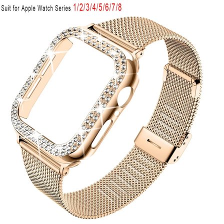 Slim Strap+ Fodral för Apple Watch Armband 40mm 41mm 44mm 45mm 38mm 42mm Correa Metall Milanese Armband iWatch Serie 3 4 5 6 SE 7 8 Roséguld_xx
