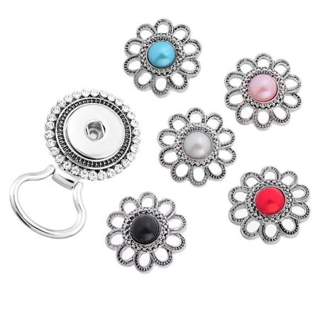 Diamant Brosche + 5 Blomsterknapper, Magnetisk Brilleholder Brosche